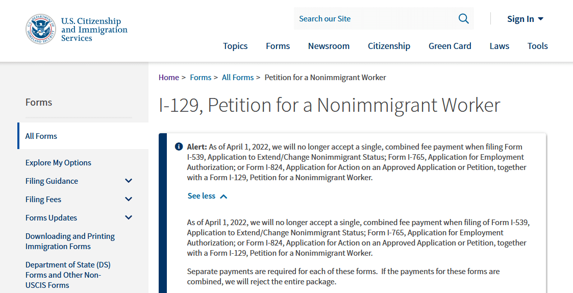 I-129 form from USCIS website page screenshot