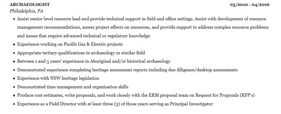 archaeology cv Work Experience