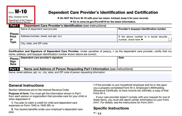 W10 form daycare EIN
