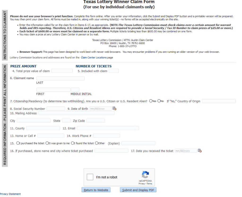 how to claim lottery winning prize online Texas