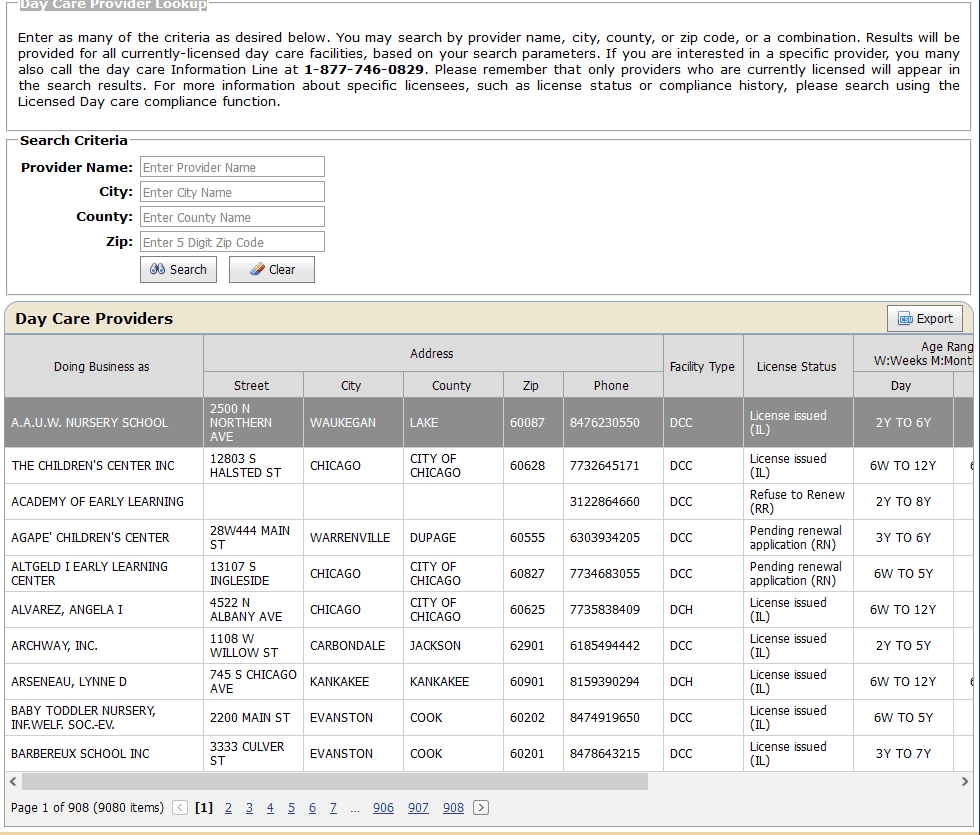daycare provider lookup in illinois screenshot