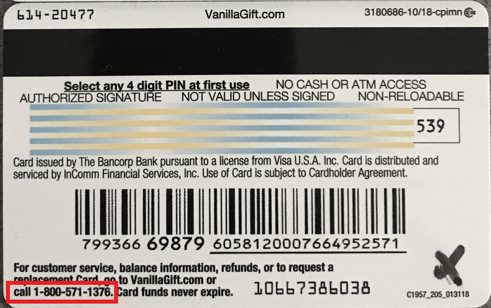 Vanilla gift card activation - phone number on the back