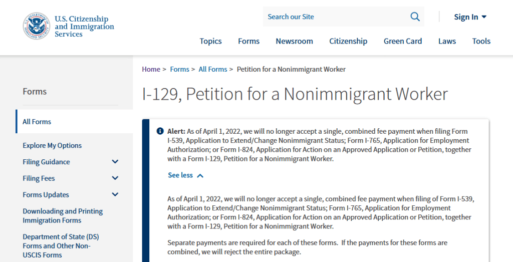 I-129 form from USCIS website page screenshot