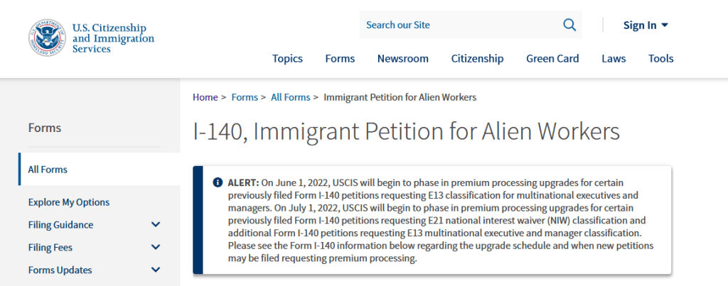 I-140 form from uscis