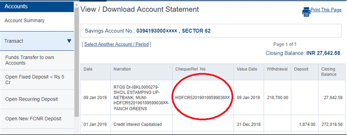 UTR bank reference number - long