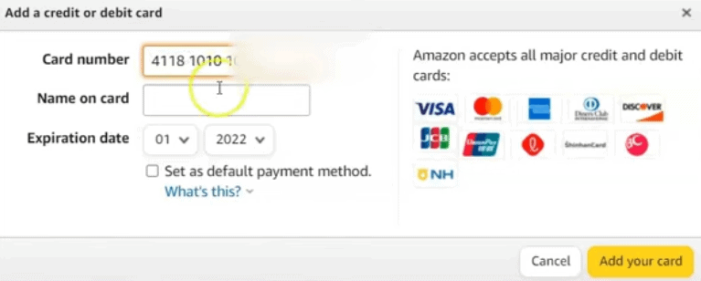 add Visa Gift card details on Amazon site