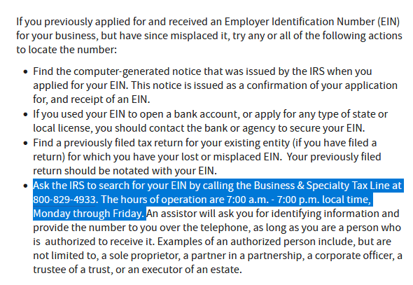 EIN lookup on IRS website - call phone number
