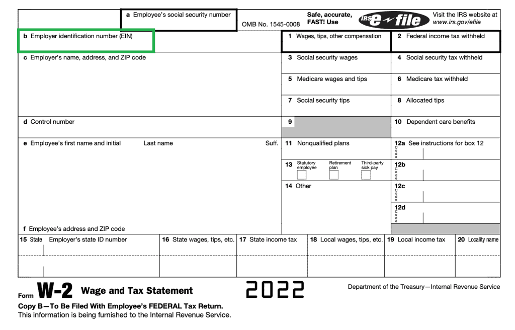 EIN lookup in W-2 form - green rectangle