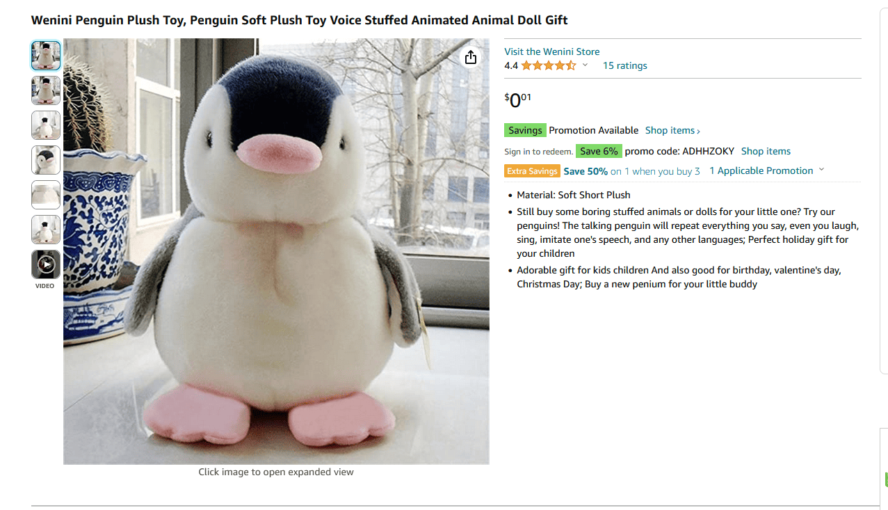 Wenini Penguin Plush Toy 1 penny